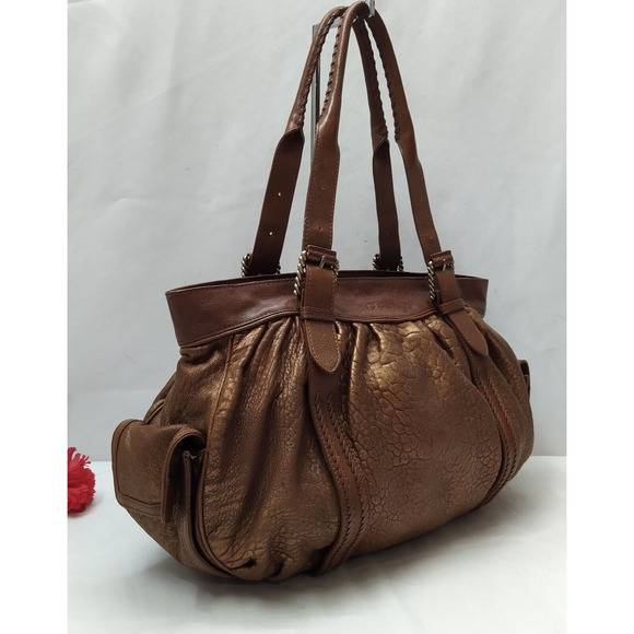 Cole Haan Metallic Brown Leather Double Handles Zippper Satchel Shoulder Bag - Picture 3 of 16